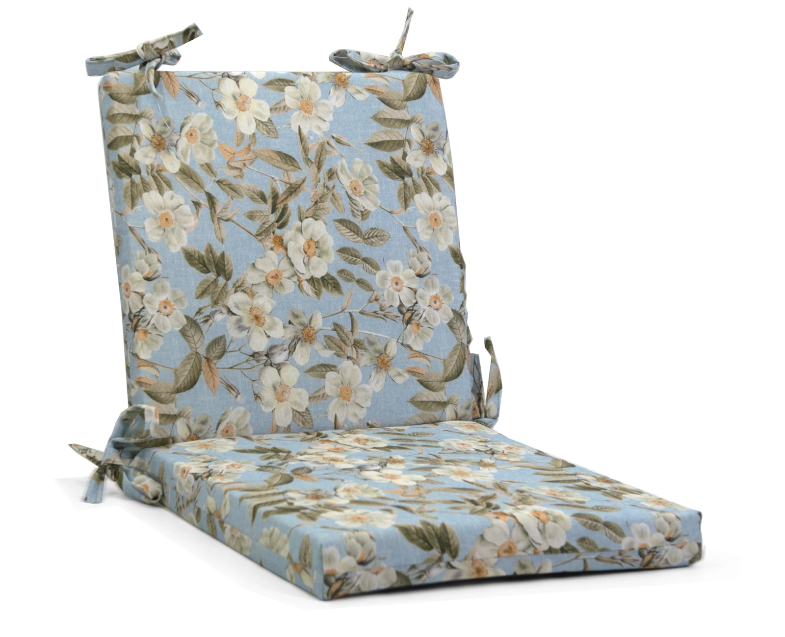 Μαξιλάρι καρέκλας λονέτα με κορδόνια στην πλάτη απόχρωση του γαλάζιου με σχέδιo λουλούδια Leire 601 | Mypouf.gr
