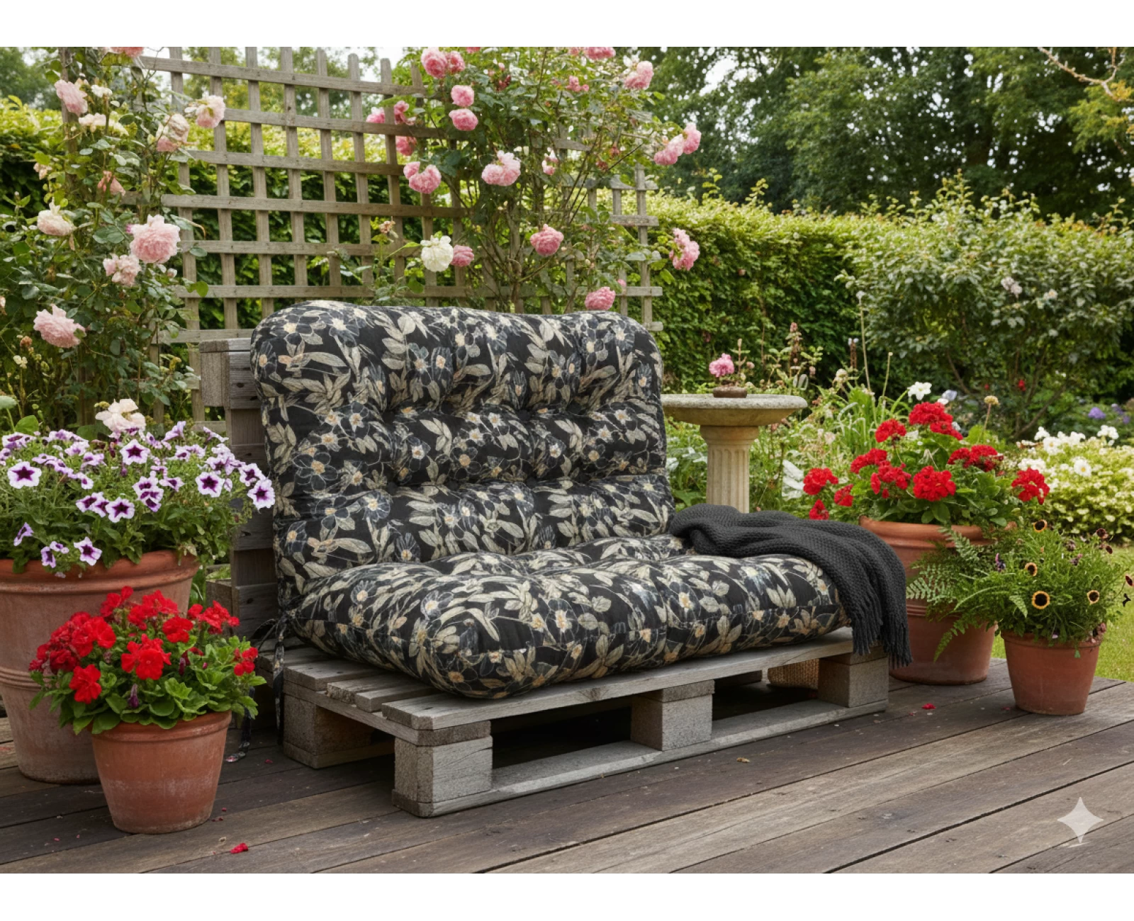 Μαξιλάρι για καναπέ με ενσωματωμένη πλάτη - Λονέτα Ύφασμα απόχρωση του ανθρακί με σχέδιo λουλούδια Leire 801 | Mypouf.gr