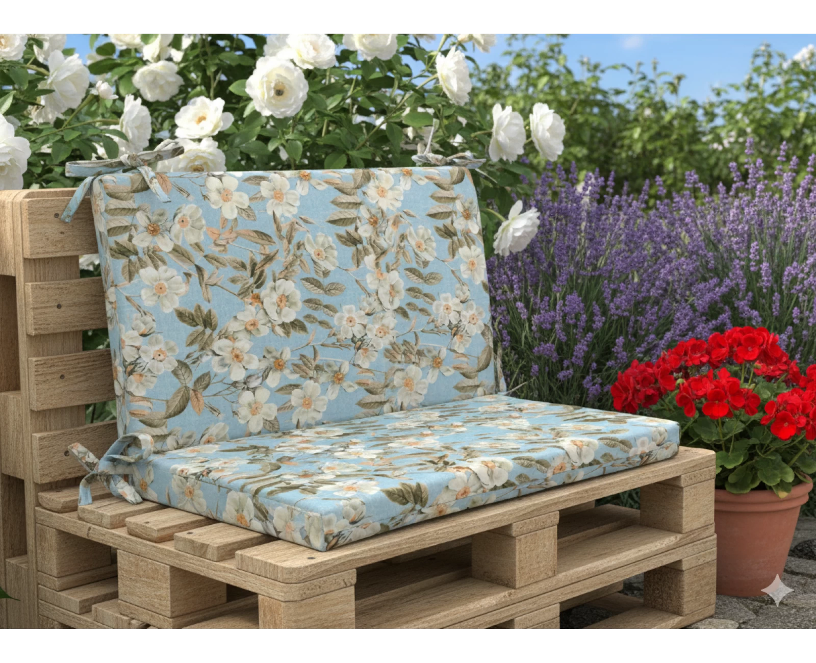 Μαξιλάρι για καναπέδες λονέτα με κορδόνια στην πλάτη απόχρωση του γαλάζιου με σχέδιo λουλούδια Leire 601 | Mypouf.gr