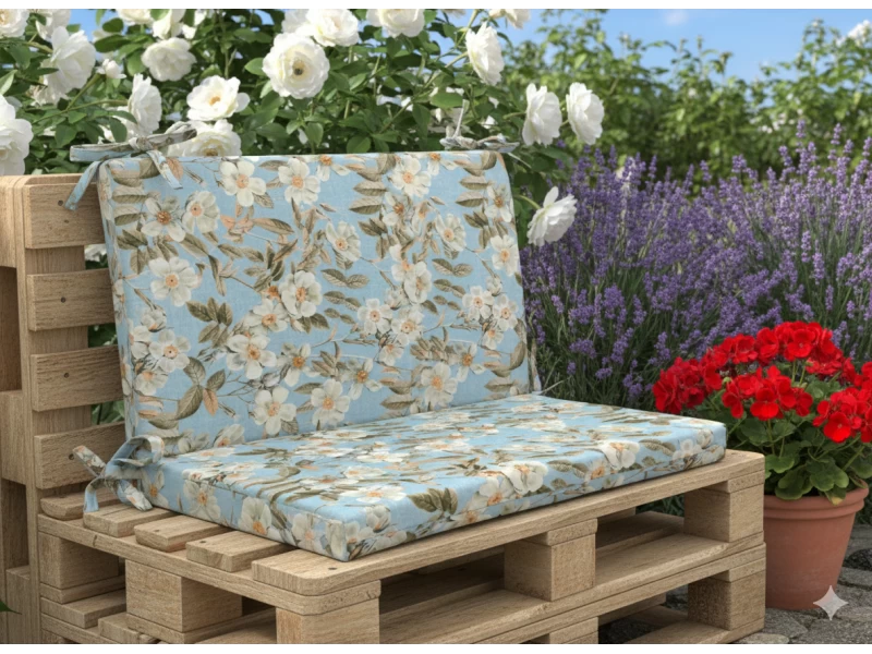 Μαξιλάρι για καναπέδες λονέτα με κορδόνια στην πλάτη απόχρωση του γαλάζιου με σχέδιo λουλούδια Leire 601