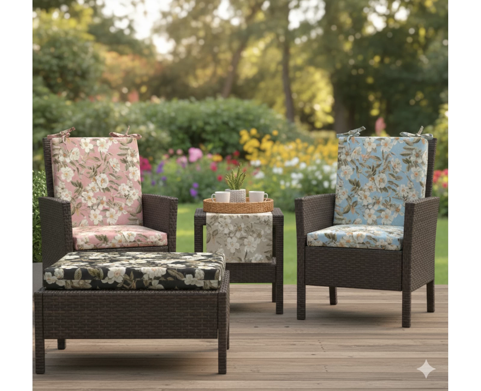 Μαξιλάρι καρέκλας λονέτα με κορδόνια στην πλάτη απόχρωση του γαλάζιου με σχέδιo λουλούδια Leire 601 | Mypouf.gr