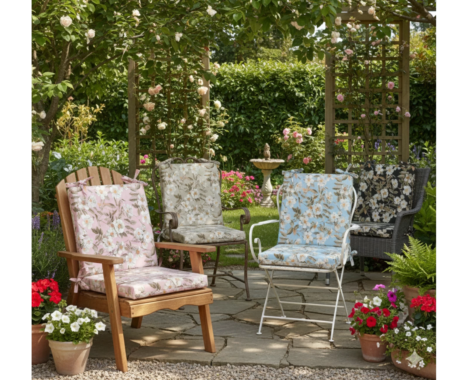 Μαξιλάρι καρέκλας λονέτα με κορδόνια στην πλάτη απόχρωση του γαλάζιου με σχέδιo λουλούδια Leire 601 | Mypouf.gr