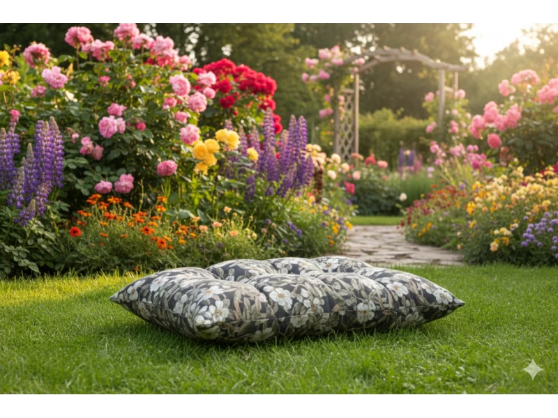 Μαξιλάρι Κάθισμα με κουμπιά - Μπαμπού Λονέτα Ύφασμα απόχρωση του ανθρακί με σχέδιo λουλούδια Leire 801