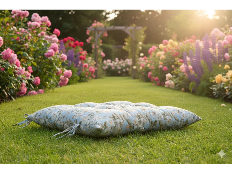 Μαξιλάρι Κάθισμα με κουμπιά - Μπαμπού Λονέτα Ύφασμα απόχρωση του γαλάζιου με σχέδιo λουλούδια Leire 601