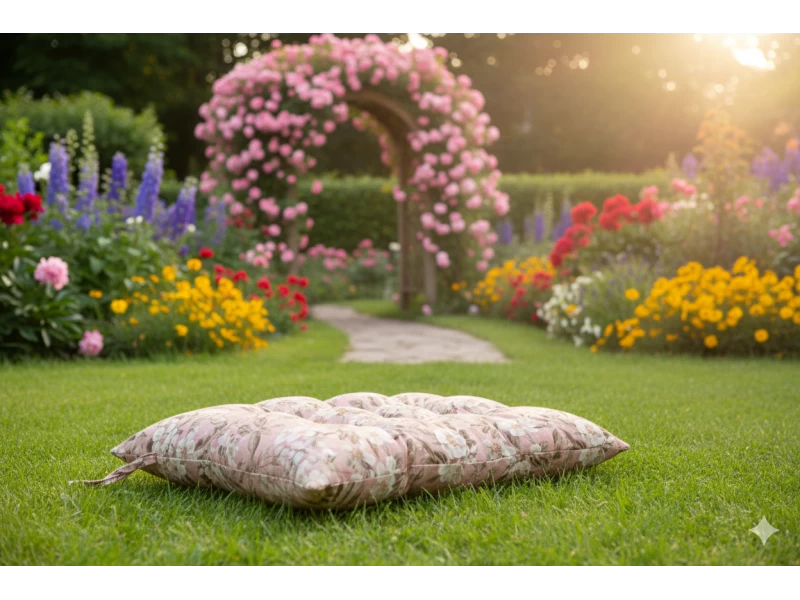 Μαξιλάρι Κάθισμα με κουμπιά - Μπαμπού Λονέτα Ύφασμα απόχρωση του σομόν με σχέδιo λουλούδια Leire 301