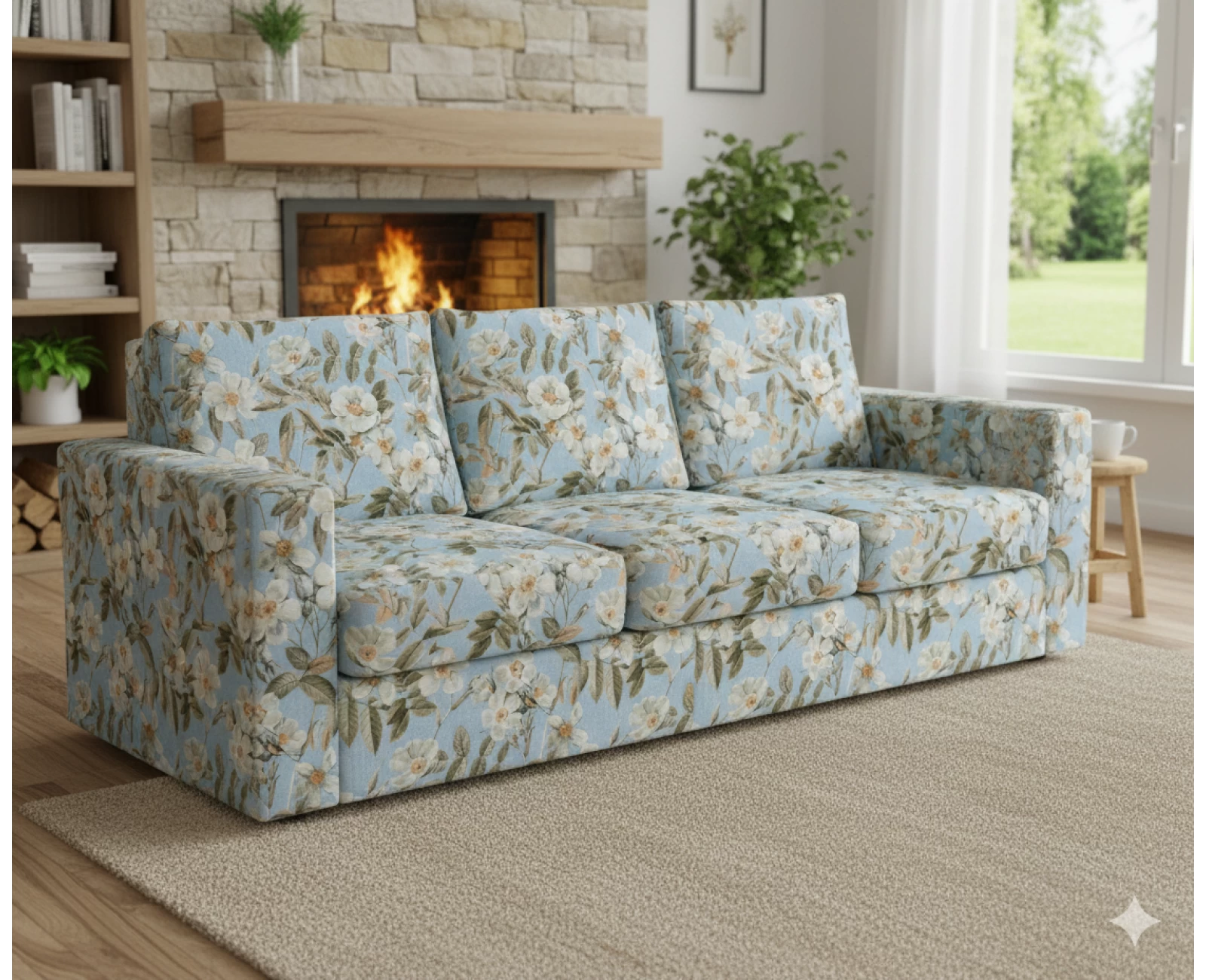 Μαξιλάρι πλάτης τριγωνικό Λονέτα Ύφασμα απόχρωση του γαλάζιου με σχέδιo λουλούδια Leire 601 | Mypouf.gr