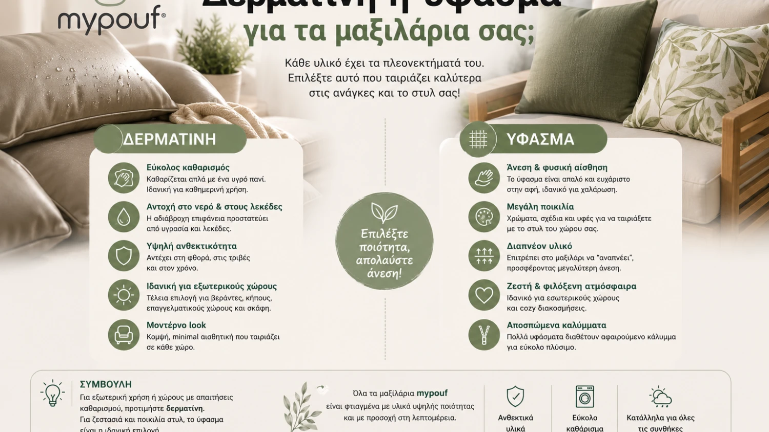 Δερματίνη ή ύφασμα για τα μαξιλάρια σας;