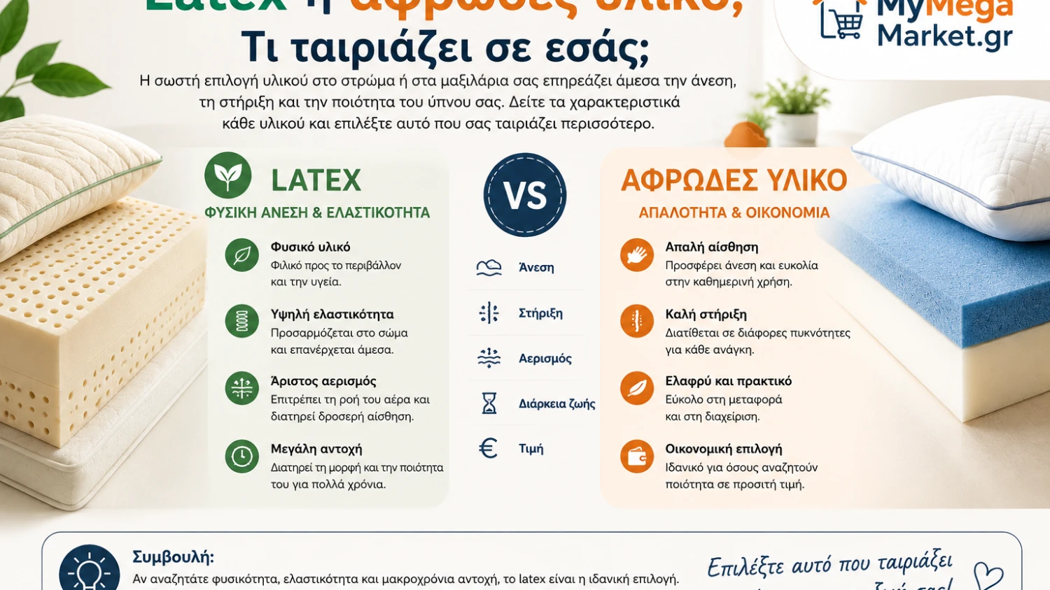 Latex ή αφρώδες υλικό; Τι ταιριάζει σε εσάς;
