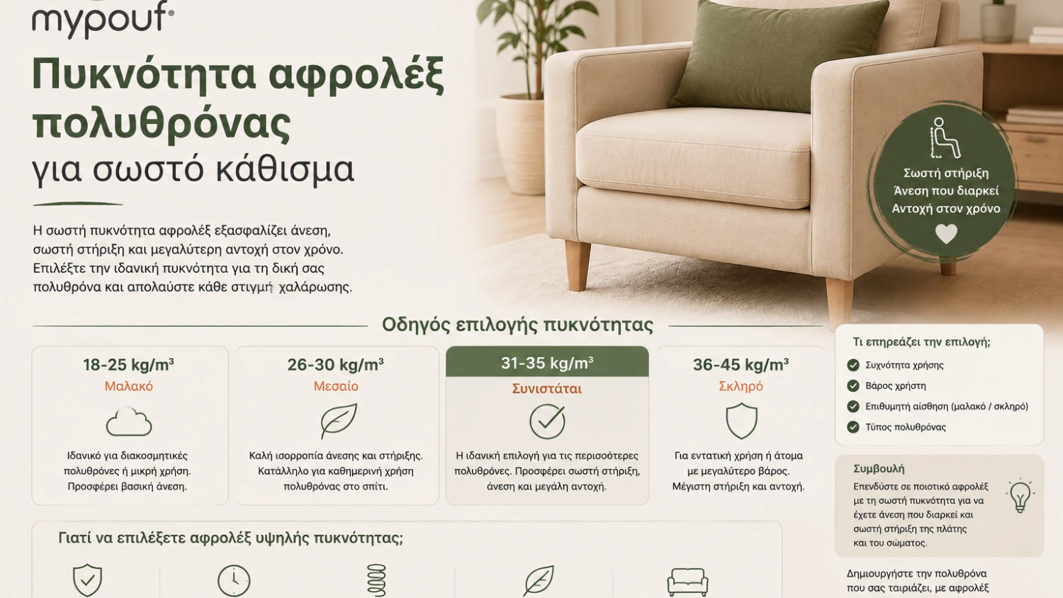 Πυκνότητα αφρολέξ πολυθρόνας για σωστό κάθισμα