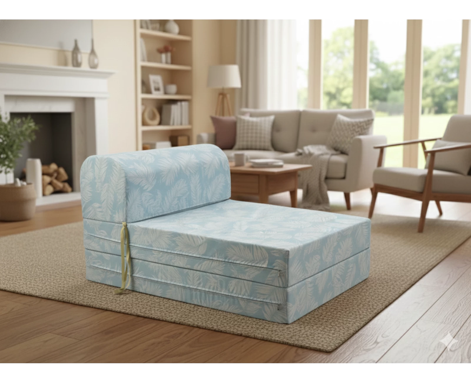 Πολυθρόνα - Κρεβάτι Flip Chair Florina Λονέτα Ύφασμα Frig 601 απόχρωση του γαλάζιου με σχέδιo φύλλα | Mypouf.gr