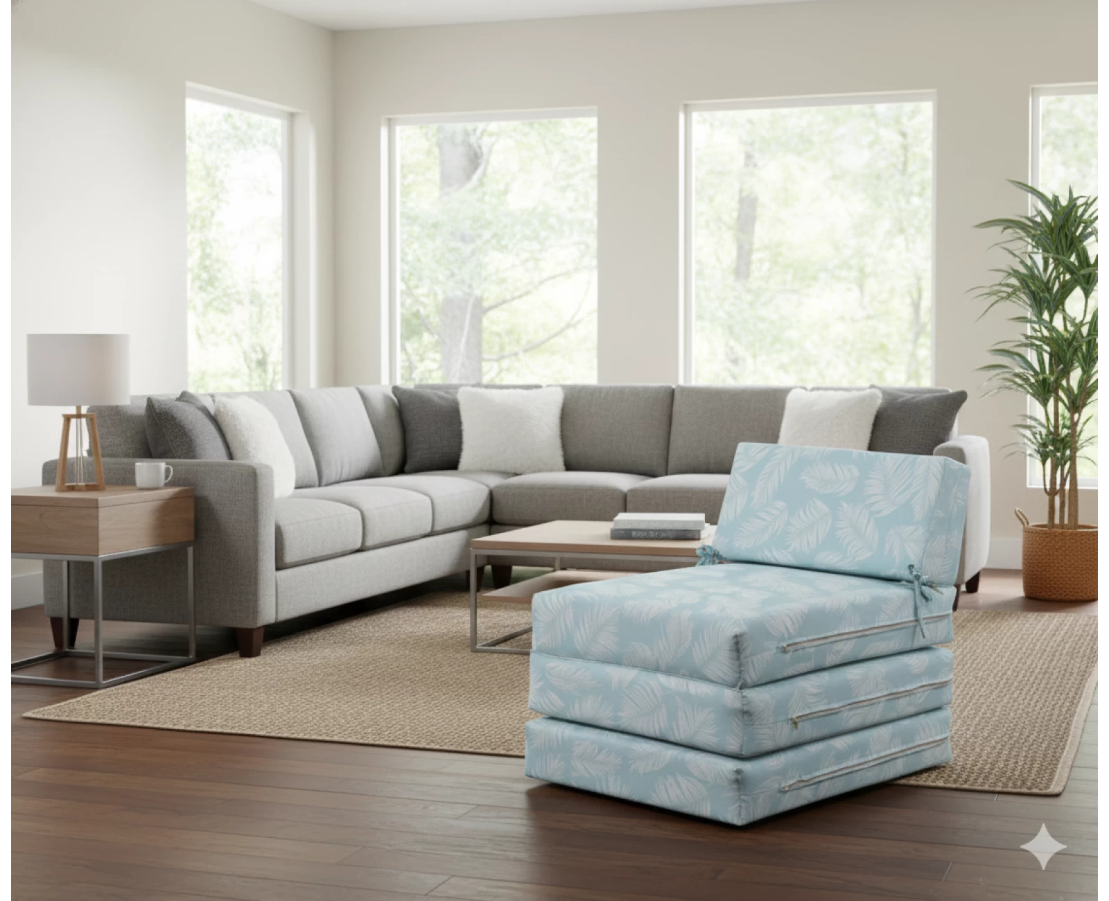 Πολυθρόνα - Κρεβάτι Flip Chair Panama Λονέτα Ύφασμα Frig 601 απόχρωση του γαλάζιου με σχέδιo φύλλα | Mypouf.gr