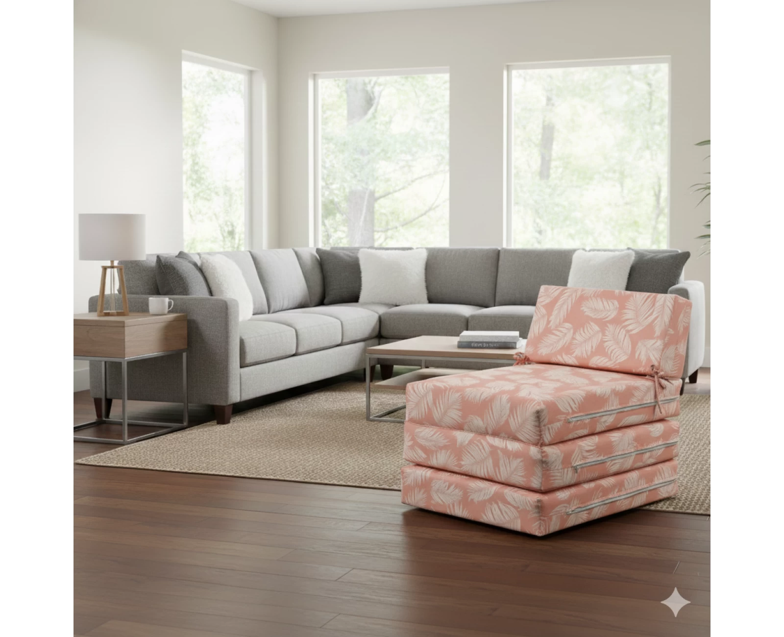 Πολυθρόνα - Κρεβάτι Flip Chair Panama Λονέτα Ύφασμα Frig 301 απόχρωση του σομόν με σχέδιo φύλλα | Mypouf.gr