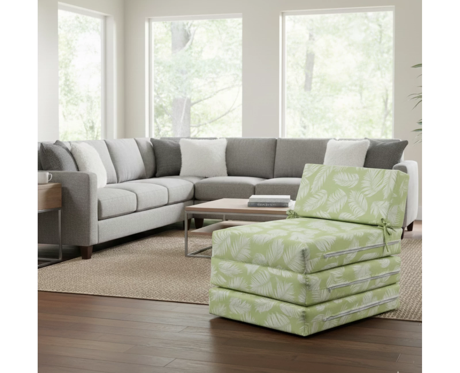 Πολυθρόνα - Κρεβάτι Flip Chair Panama Λονέτα Ύφασμα Frig 701 απόχρωση του πράσινου με σχέδιo φύλλα | Mypouf.gr